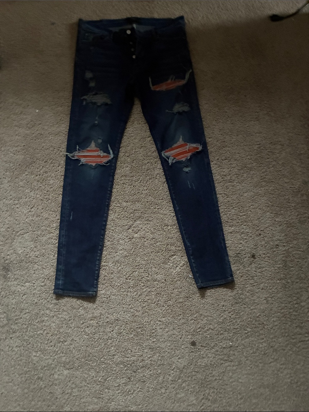 AMIRI Dark Blue Distressed Skinny Jeans with Orange Patch Accents